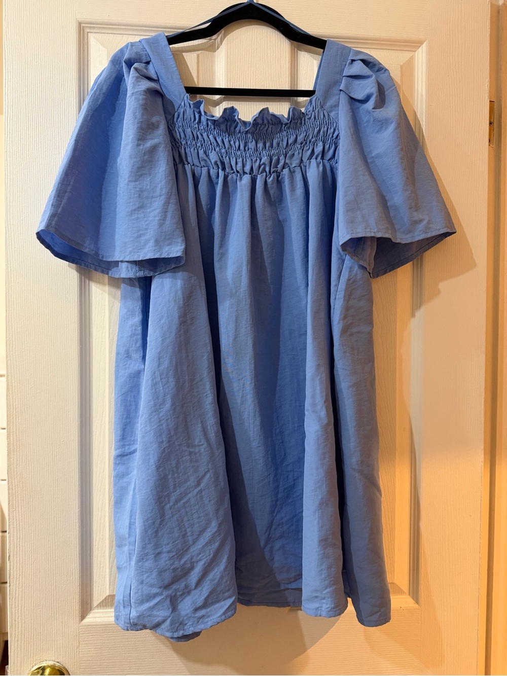 Mango Light Blue Smocked Square-Neck Mini Dress